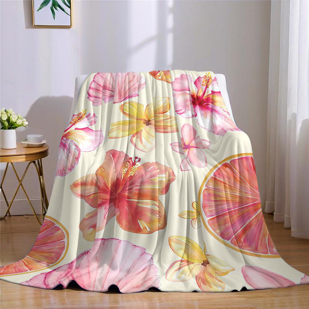 Tropical Hibiscus Shell Citrus Flannel Blanket Warm Soft Halloween Christmas Couch Warm Cozy Decorative Decor for All Season