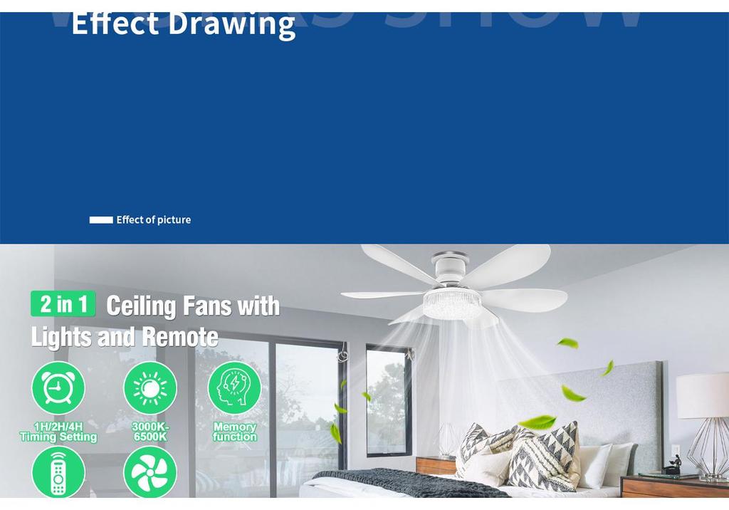 E27 Crystal Ceiling Fan Light with Remote Control - LED Six-Blade for Bedrooms