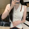 Polo Collar Knit Vest with Gold Button Contrast-Trim Sleeveless Button-Front Cardigan Vest Women Spring Summer Trendy