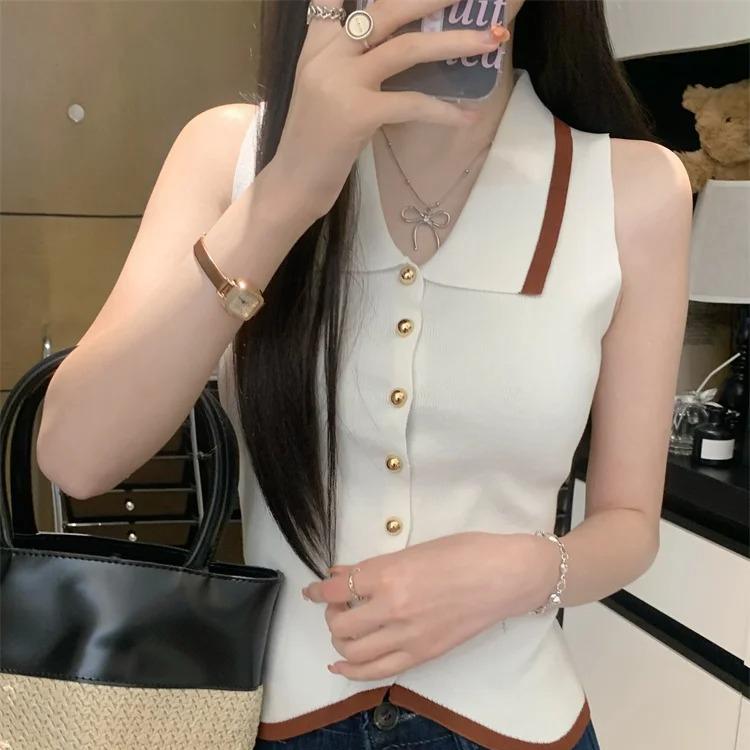 Polo Collar Knit Vest with Gold Button Contrast-Trim Sleeveless Button-Front Cardigan Vest Women Spring Summer Trendy
