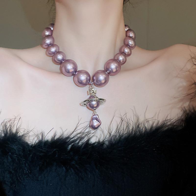 Saturn Pendant Necklace With Faux Pearl Chain For Elegant Women