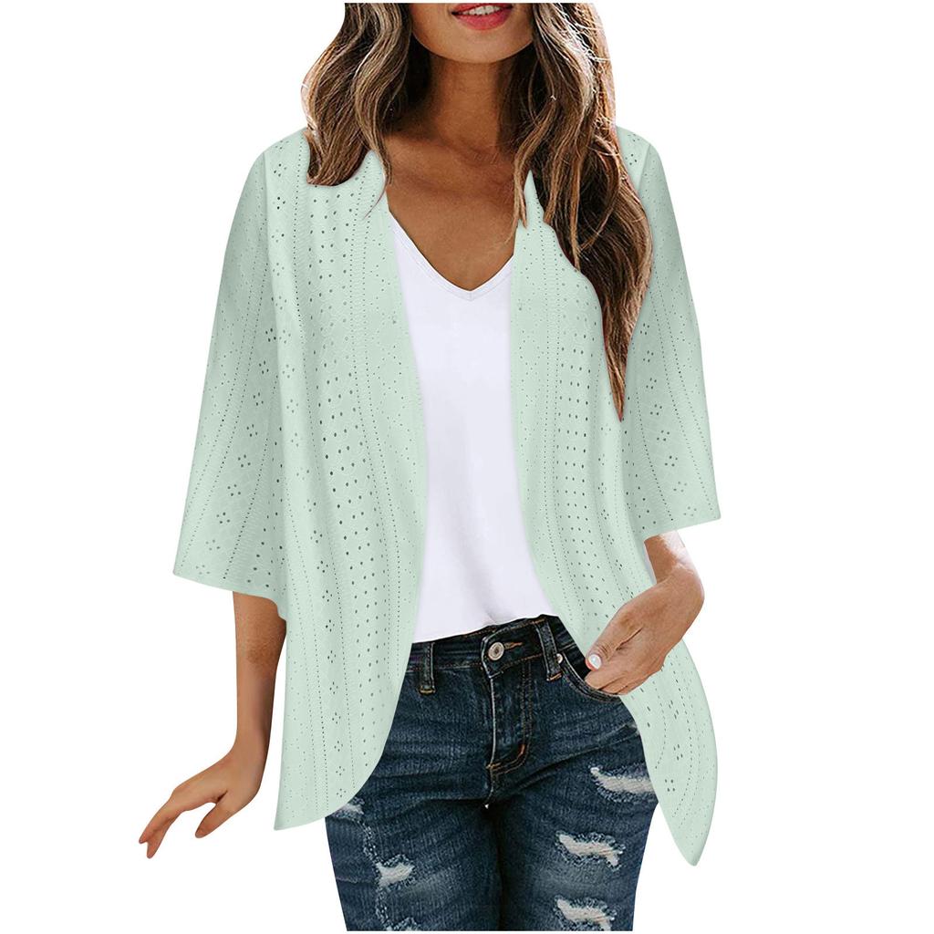 Veste Cardigan Décontractée Mode Femme à Manches Sept Partagées Couleur Unie