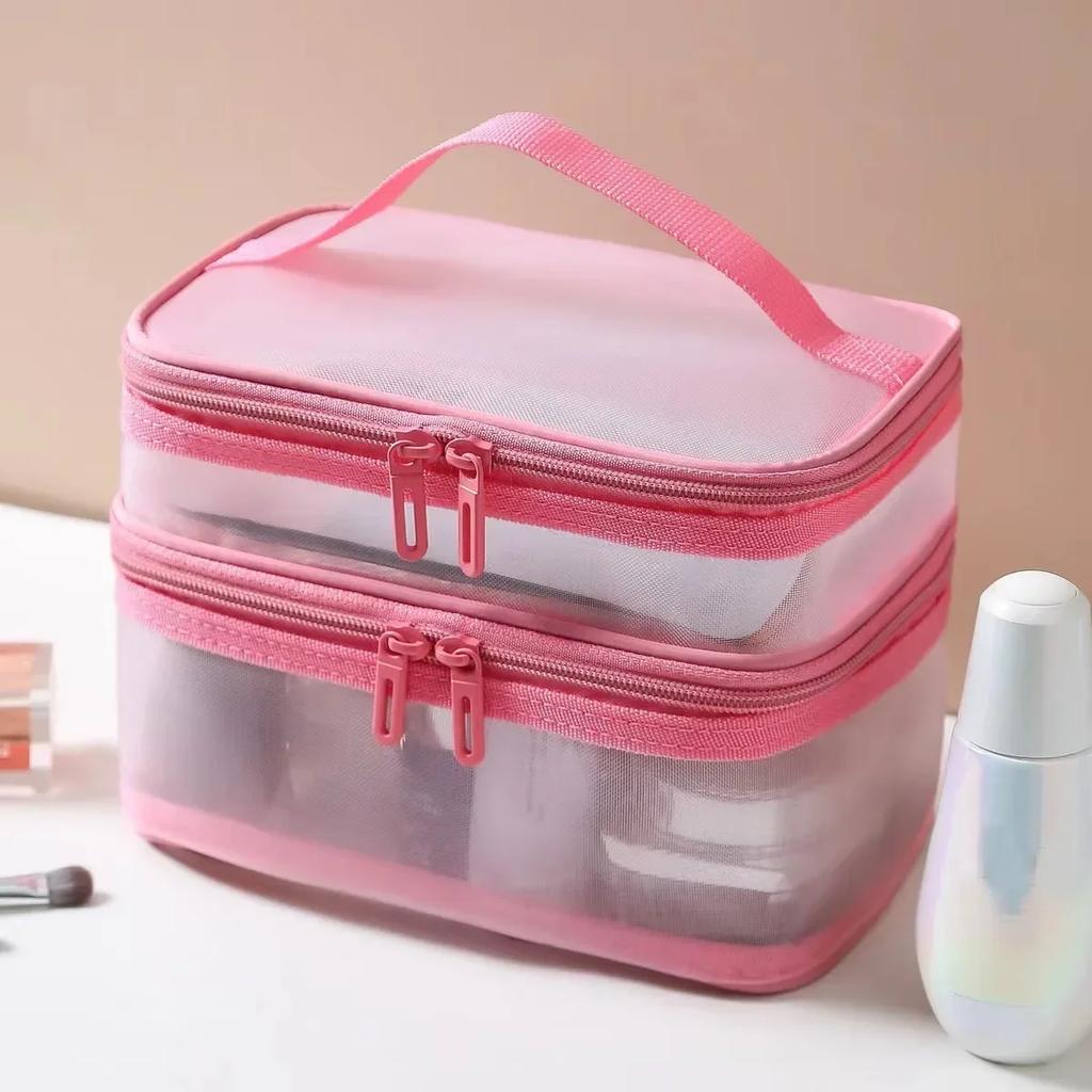 Large Capacity Mesh Cloth Makeup Bag Travel Essentials Cosmetics Organizer Women Toiletry Bag Double Layer Design Cosmetic Bag