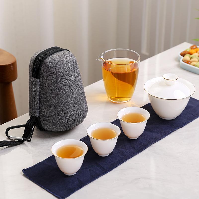 Yangzhi Jade Quick Dehua White Porcelain Brewing Gaiwan Portable Outdoor Travel Tea Set One Pot Three Cup