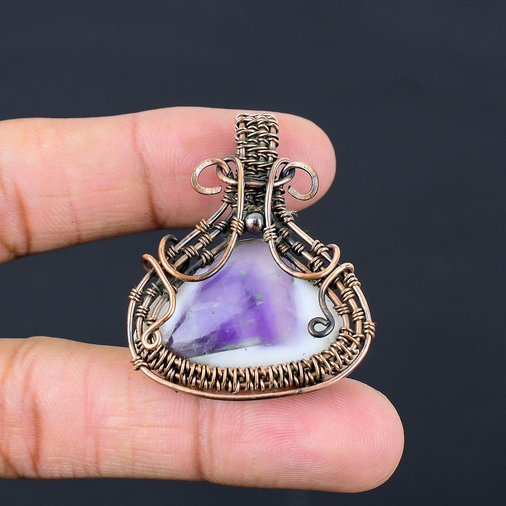 Natural Sage Amethyst Gemstone Handmade Copper Wire Wrap Pendant 1.85" s0P04
