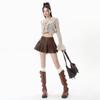 Women's A-Line High Waist Brown PU Leather Pleated Skirt - Autumn Slim Fit, Large Size