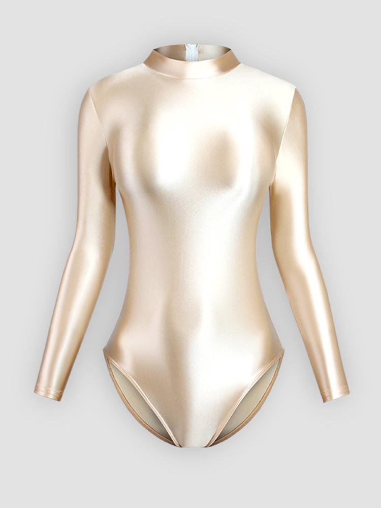 Solid Color High-Cut Rhythmic Gymnastics Leotard Ballet Dancewear - Women's Silky Luster One-Piece Swimsuit Base T-Shirt