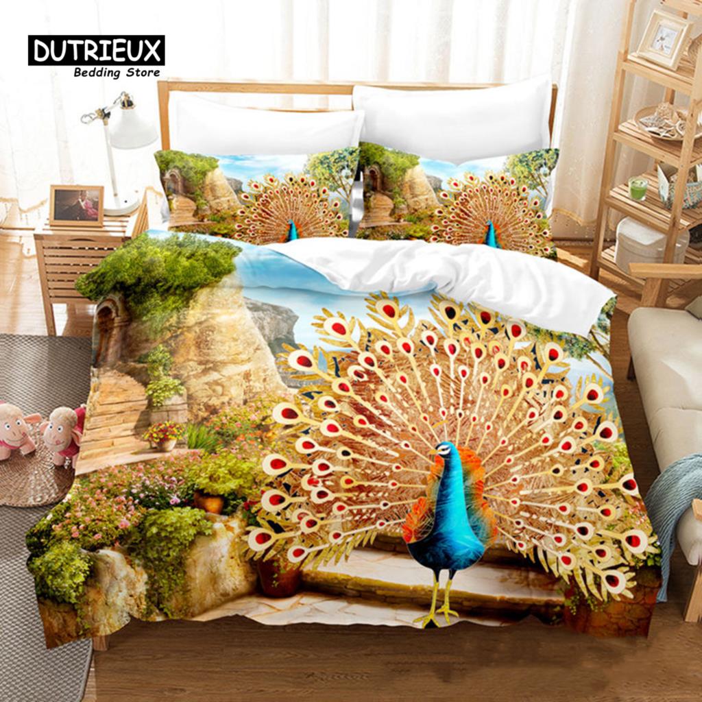 Peacock Feather Bedding Set Peacock Duvet Cover Set Single Double King For Adult Women Microfiber Comforter Cover Bedroom Decor