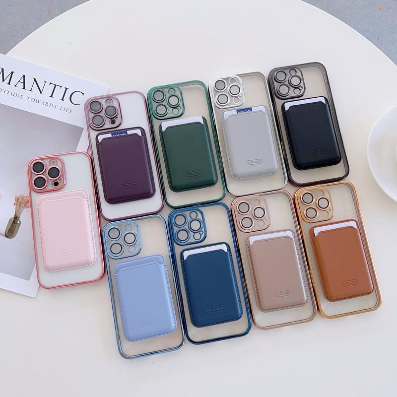 With Leather Card Slot Clear Magnetic Case For iPhone 16E 16 Pro Max 15 14 13 12 11 Lens Film Protection TPU Soft Shockproof for Magsafe Phone Cover