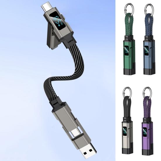 65W 4 In 1 Keychain Cable, Fast Charging Data Cable with LED Display, 8-Pin/Type-C/USB-A/USB-C, Portable Keyring Cord for Most Phone
