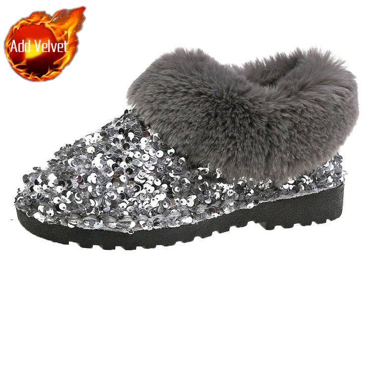 Winter Round Toe Flat Sequins Fleece-lined Woman Shoes Padded Y2k Work Furry Trend 2025 Designer Luxury Hot Snow Boots for Women