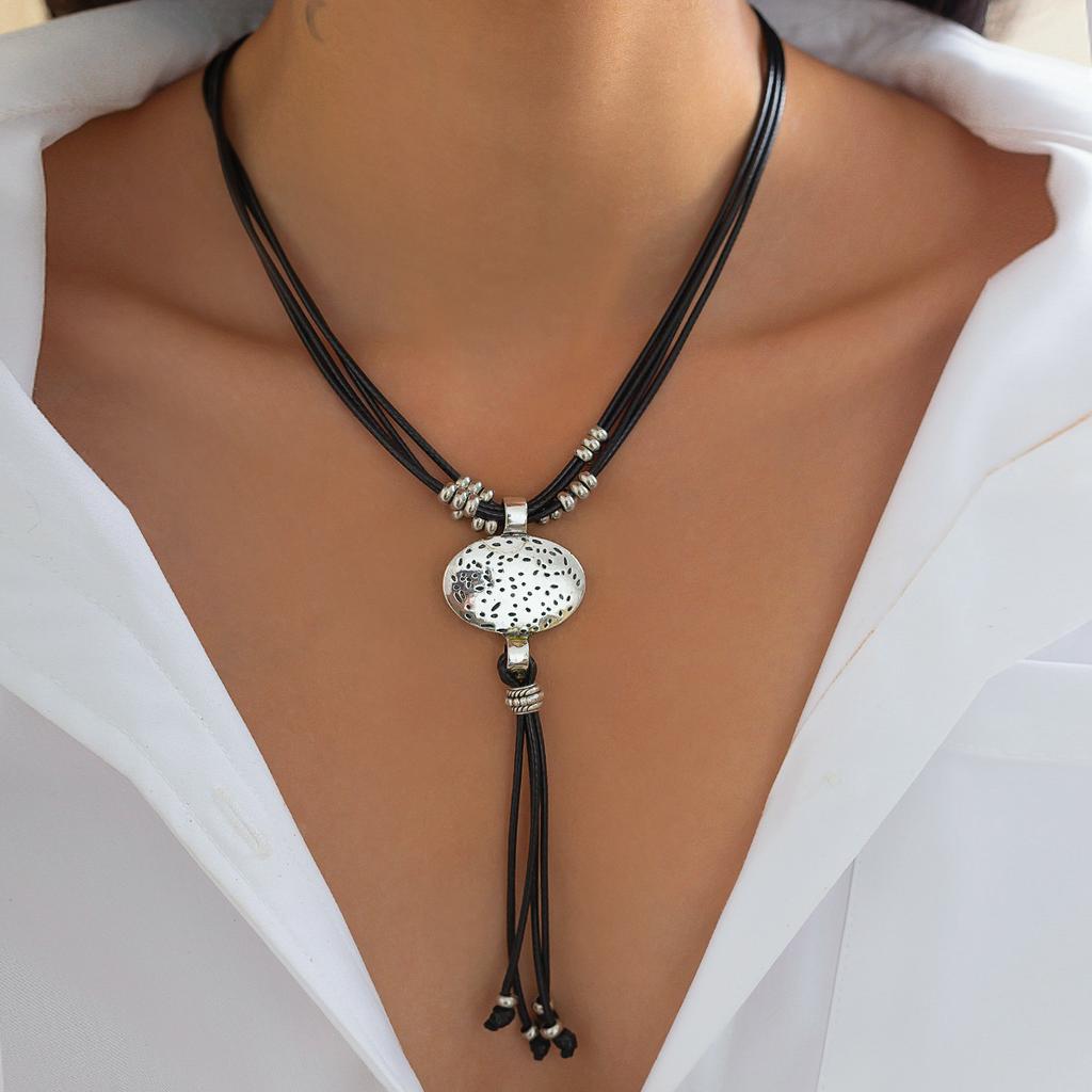 European & American Multi-layer Leather Wax Line Necklace Set with Alloy Hip-hop Clavicle Chain Gift for Men Women