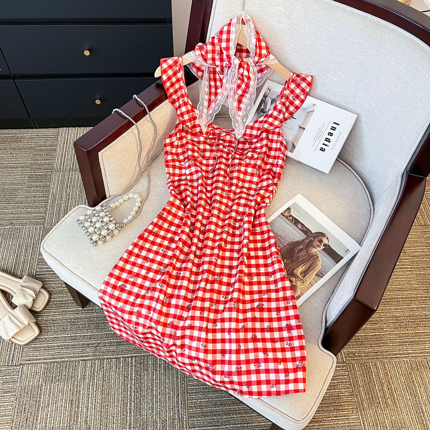 

Retro Red Plaid Spaghetti Strap Slimming Bodycon Dress for Petite Women S Premium
