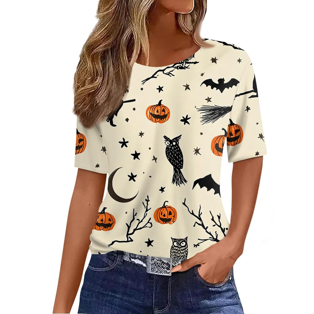 Women's Casual Short Sleeve Pullover Top Halloween Print Bat Pumpkin Ghost Spider Web Round Neck Shirt