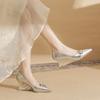 75005 [sheepskin] high heels women's wedge heels spring 2025 new pointed temperament silver light mouth single shoes