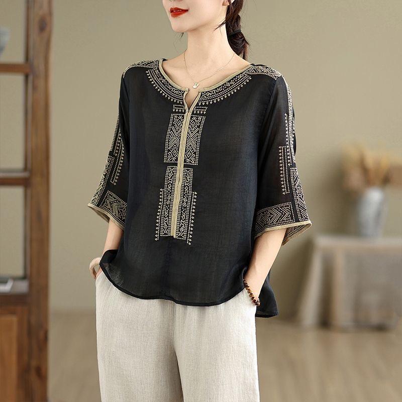 2026 Summer Tencel Linen Mid-Sleeve T-Shirt for Middle-Aged & Elderly Women, Loose Casual Solid Color Top