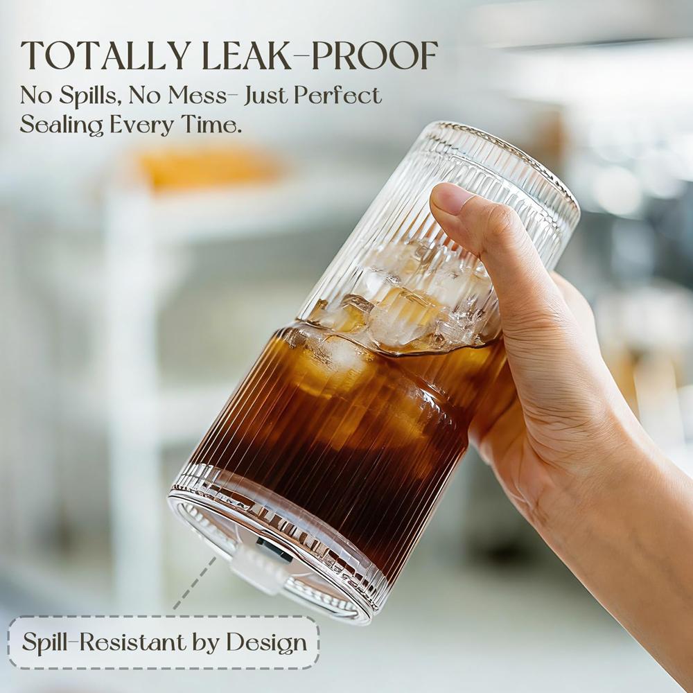Glass Tumblers with Straws and Lids, Ribbed Iced Coffee Cups Leak-proof, Dishwasher Safe, Thickened Glass Cups with Lids