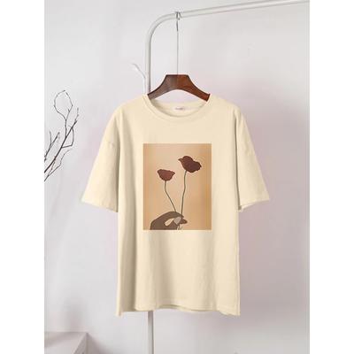 Hirsionsan T-shirt élégant à fleurs pour femme, manches courtes, basique, décontracté, ample, en coton, été