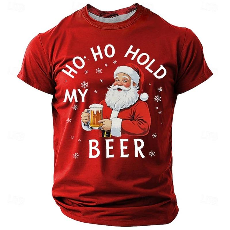 Einfaches Mode-T-Shirt mit Buchstabenaufdruck für Herren, kurzärmelig, lässig, HO HO HOLD MY BEER T-Shirt, tägliches Streetwear-Top für Herren und Damen, Weihnachtsmann-Grafik