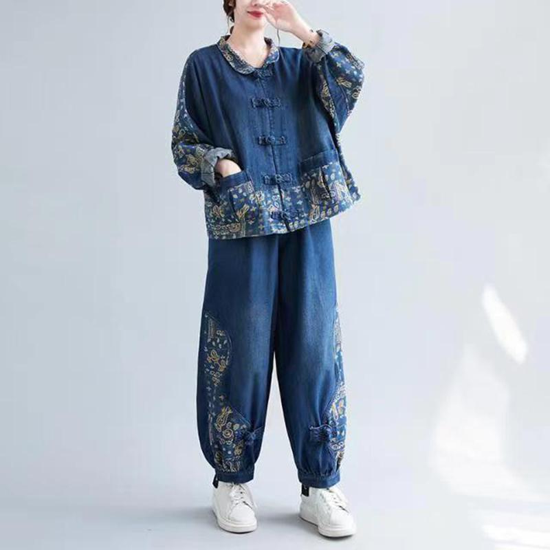 Women's Vintage Denim 2-Piece Set with Floral Print and Elastic Waist Jeans for Spring/Autumn