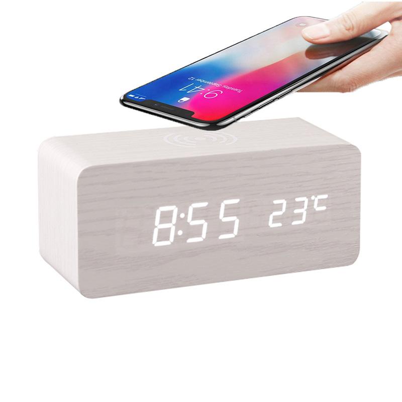 Wireless Charging Clock Sound Control Clock Wooden Clock Smart Wireless Charging Temperature Alarm Clock Electronic Digital Wooden Clock