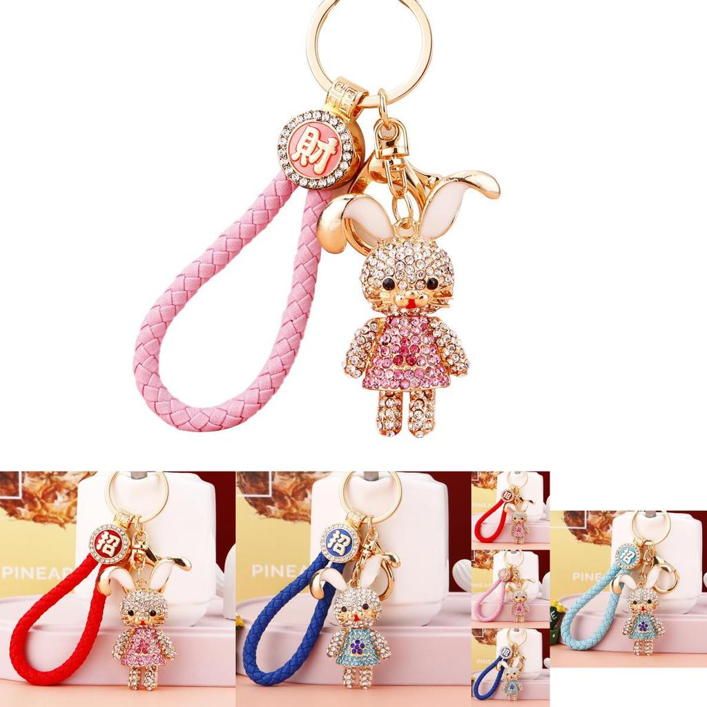 Cute Creative Metal Rabbit Keychain With Rhinestone Flower Dress For Women Gifts
