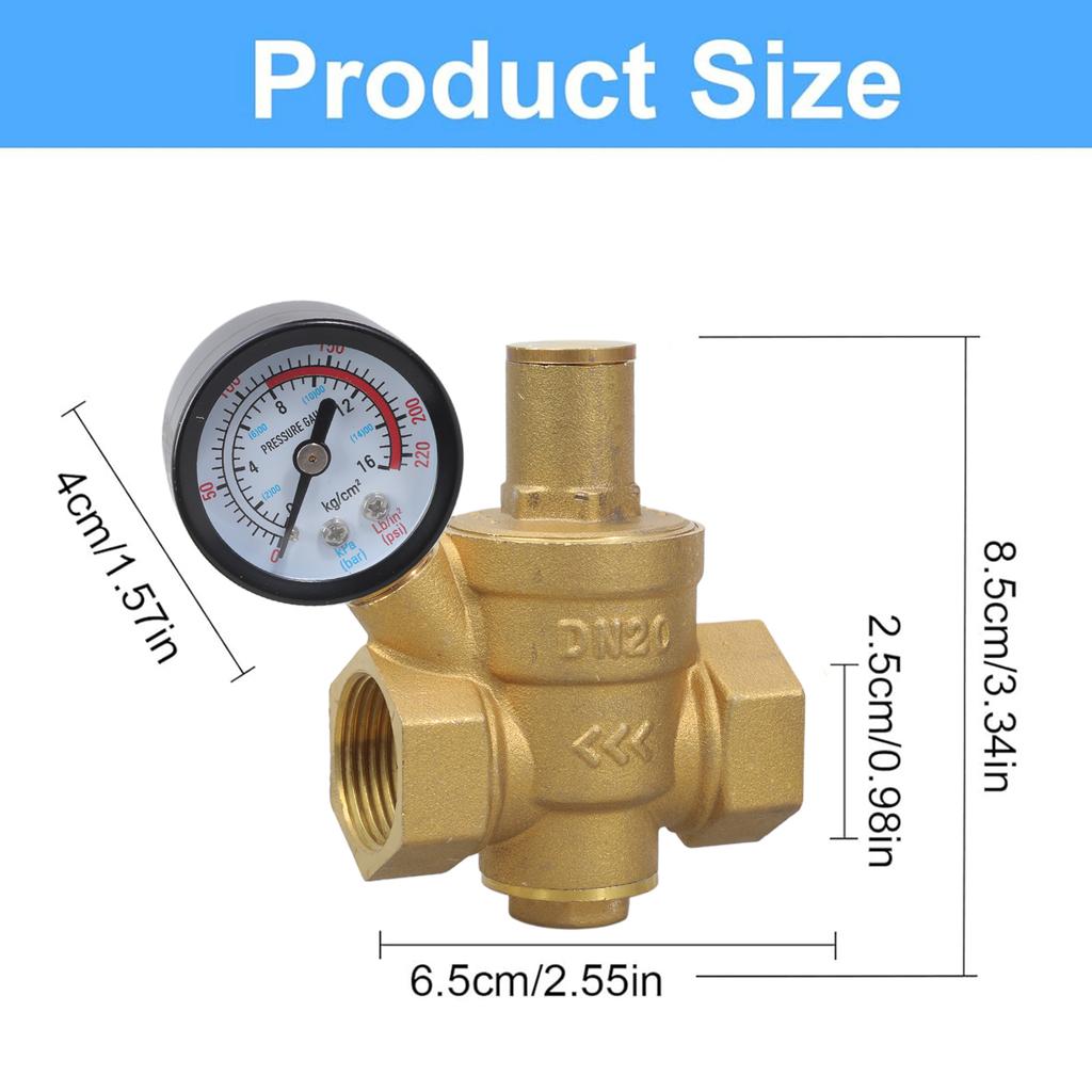 Versatile Water Pressure Regulator 1/2 Inch DN20 with Pressure Gauges Brass Suitable for Homes Buildings & Factories