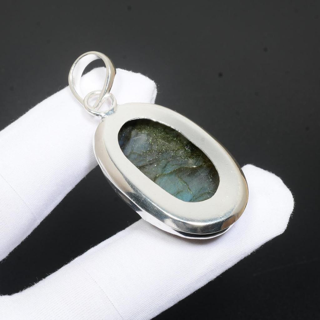 Blå Flashig Labradorit Ädelsten Handgjord 925 Sterlingsilver Hänge Naturlig Labradorit Hänge Oval Design Hänge Svart Regnbåge Smycken För Gåvor