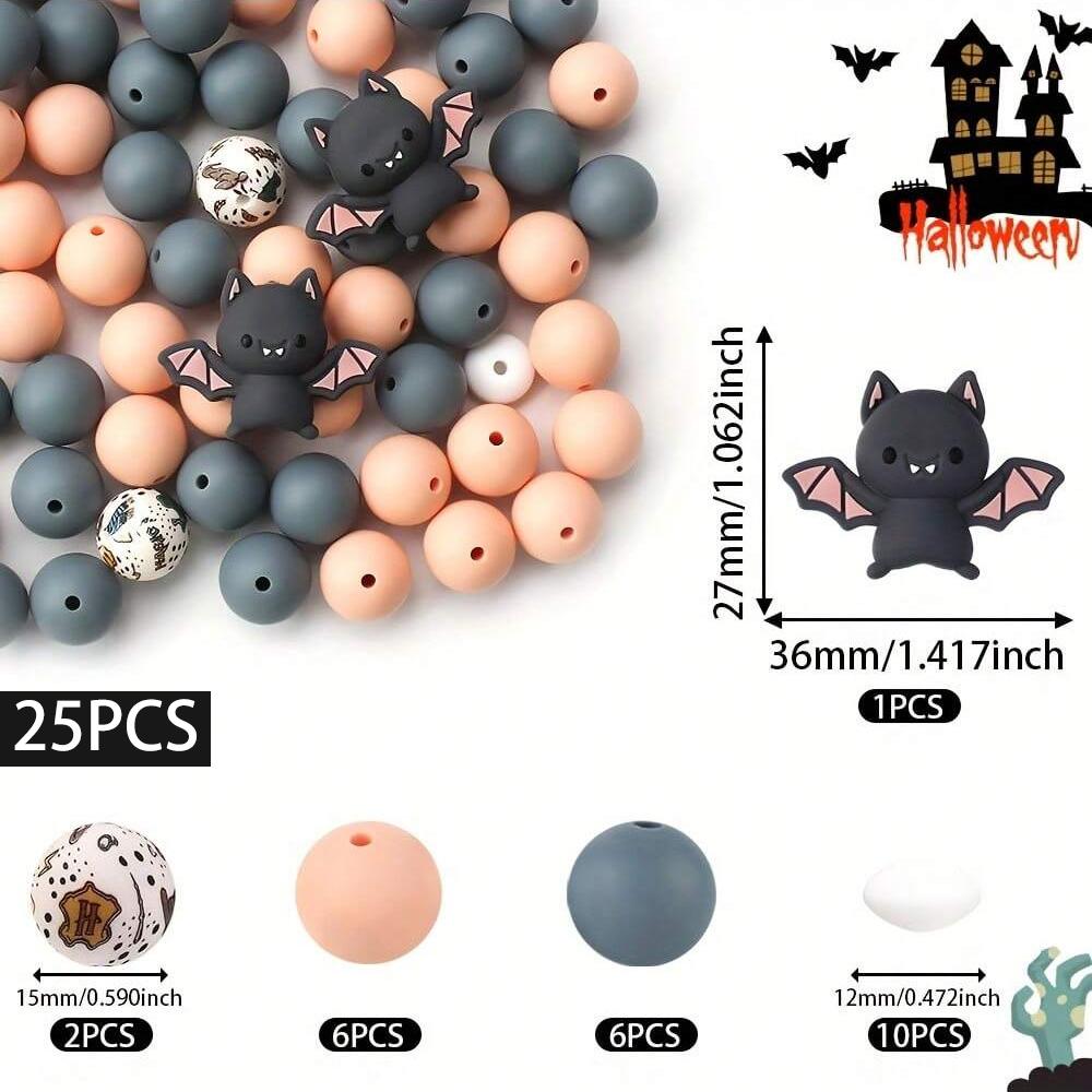 25PCS Multi-Size Halloween-Themed Silicone Beads Set, Perfect for DIY Craft Projects Like Keychains, Necklaces, Bracelets & More