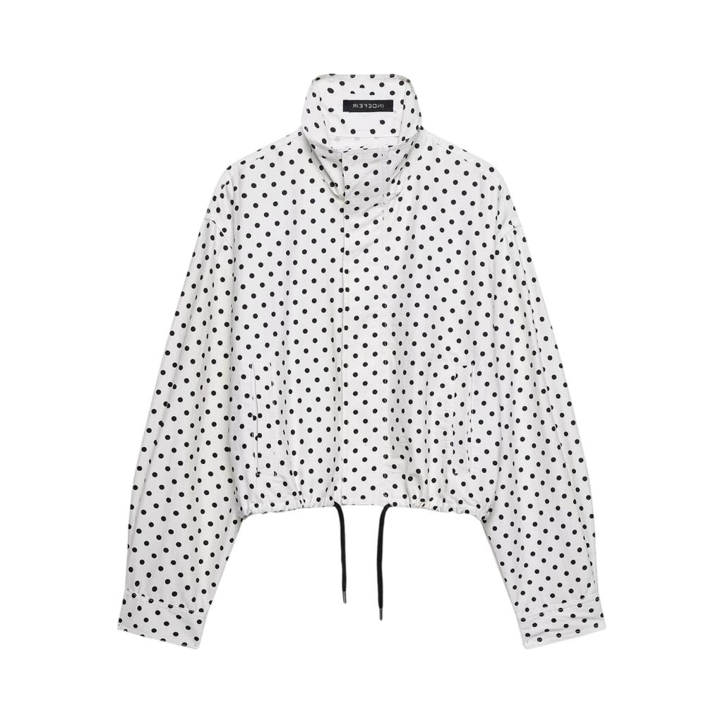 Chaqueta Ligera de Mujer con Cuello Alto, Lunares, Mangas Abullonadas, Dobladillo con Cordón, Ropa Exterior Casual