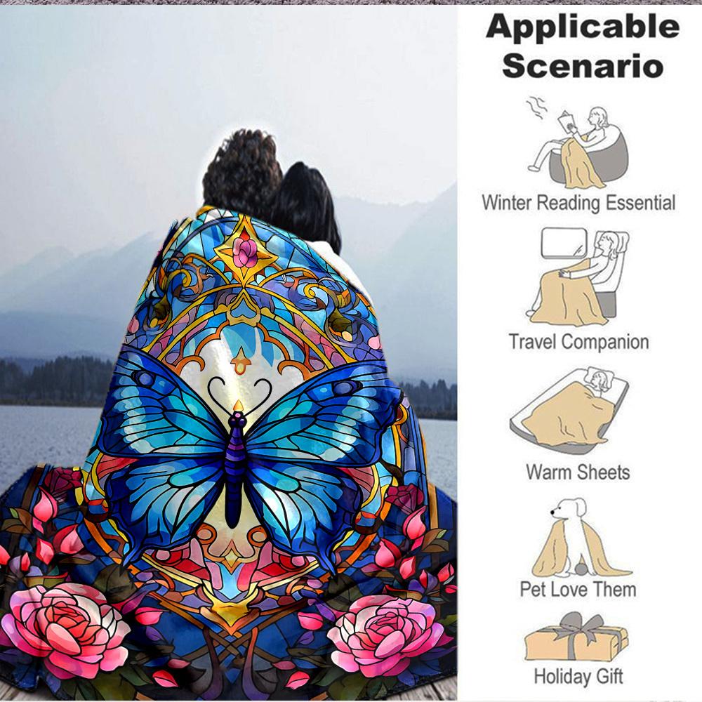 1pc Butterfly StainedGlass Lightweight Flannel Blanket, Comfortable and Warm Blanket, for Office and Camping Sofa Bed, Livingroom171