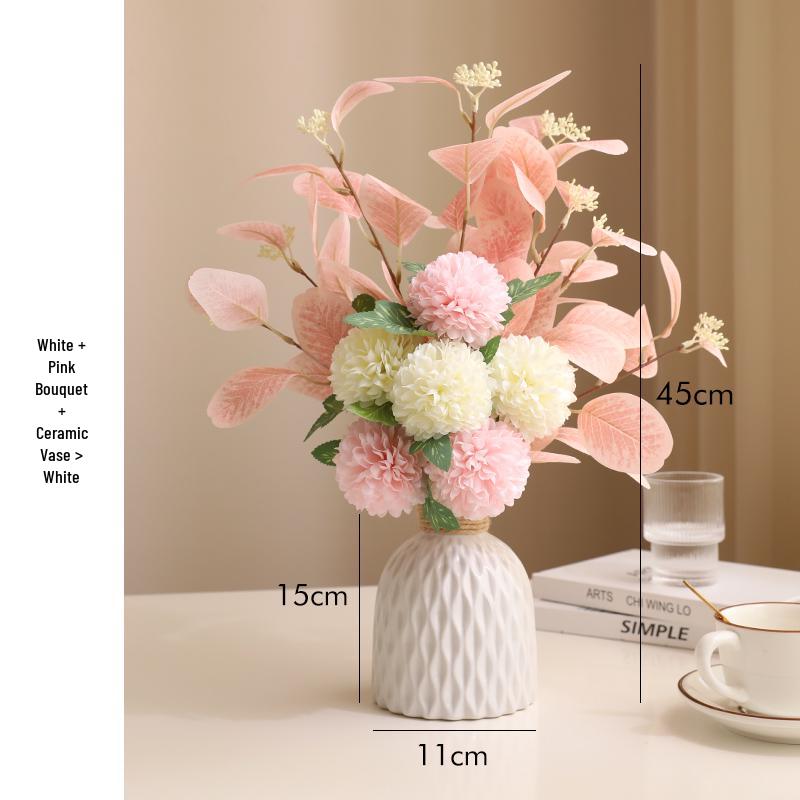Eucalyptus Ball Chrysanthemum Bouquet in Ceramic Vase - Artificial Dried Flowers for Living Room or Dining Table Decor