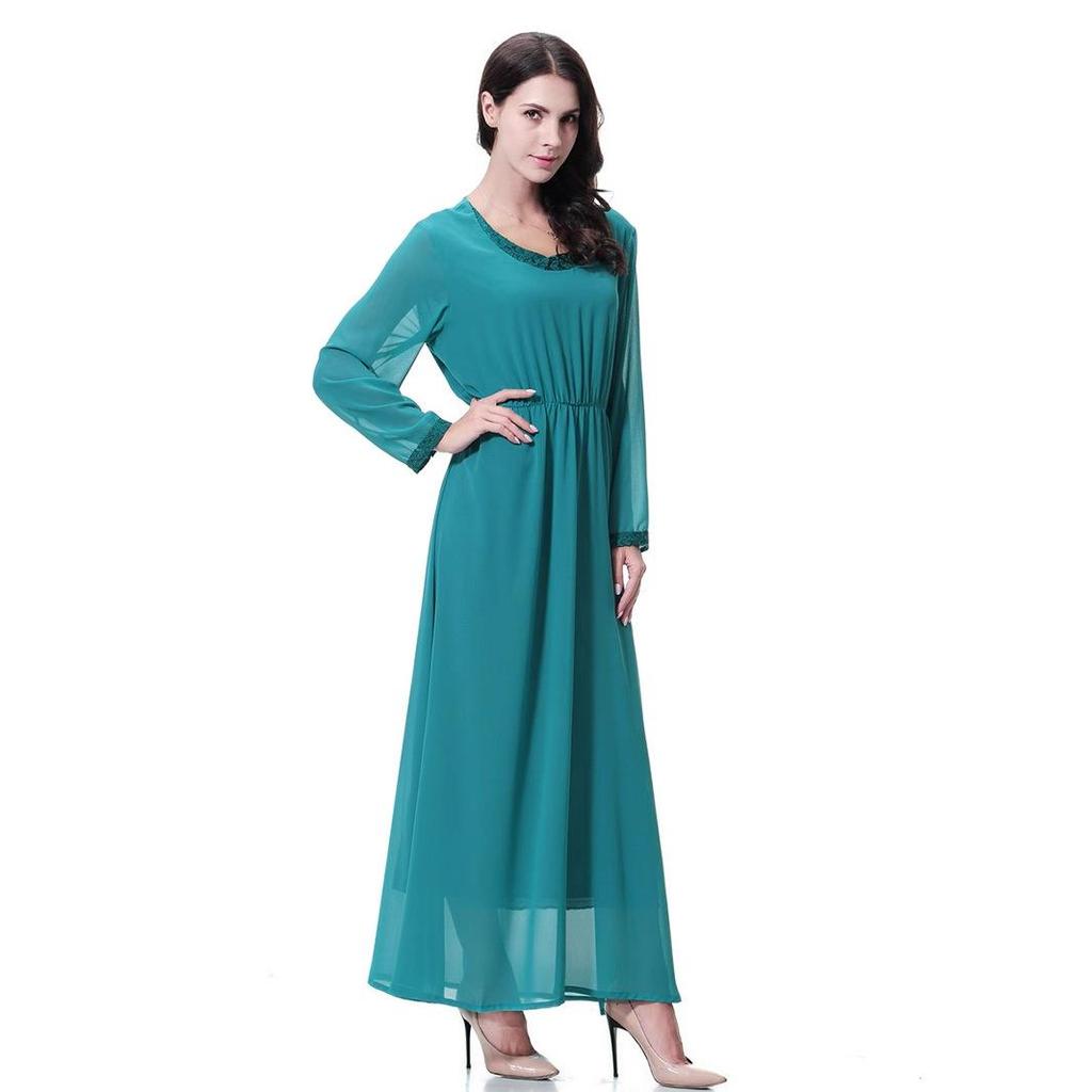 Women's Chiffon Lace Maxi Dress with Round Neck and Long Sleeves, TH923