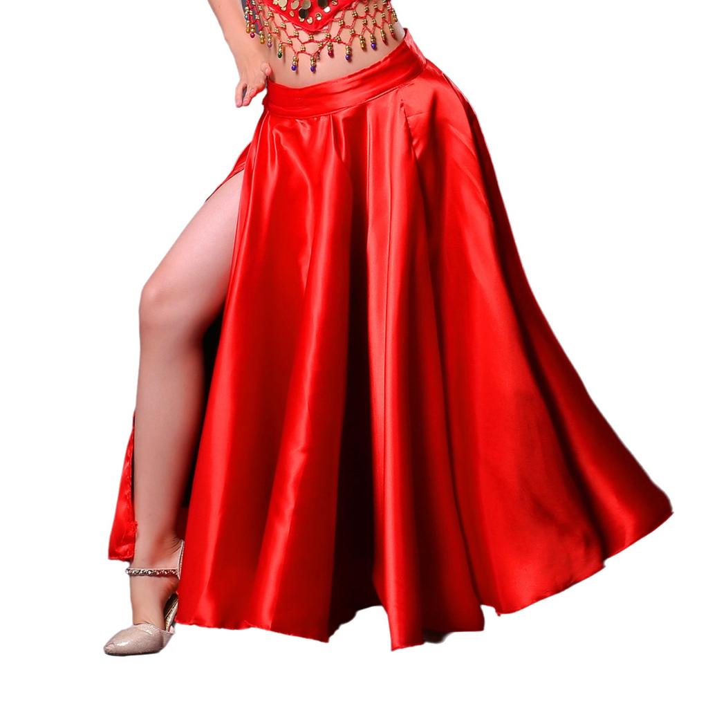 Girls Satin Skirt Side Split Wide Hemline Hook Loop Fastener Waistband Spanish Flamenco Ballroom Dance Skirt