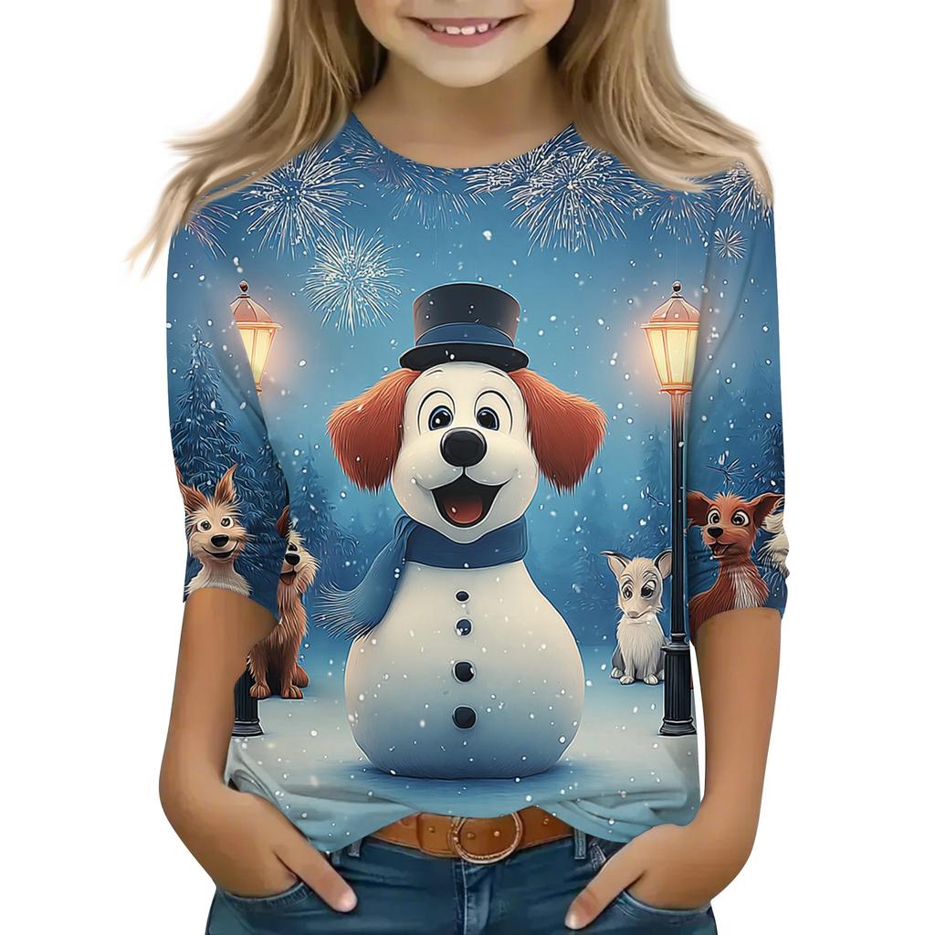 Christmas Children's 3/4 Sleeve Tops Casual Printed Daily T Shirt Round Neck Pullover Blouse