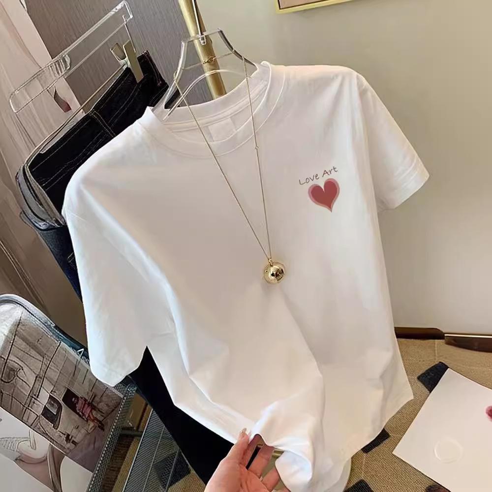 2025 spring and summer new white cotton short-sleeved t-shirt women's loose versatile round neck age-reducing cartoon printed top