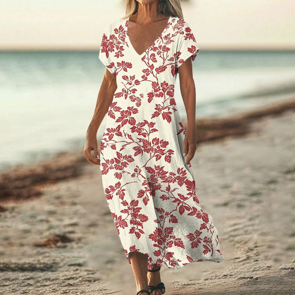 Fashion Women's Summer V-Neck Short Sleeve Floral Print Beach Dress