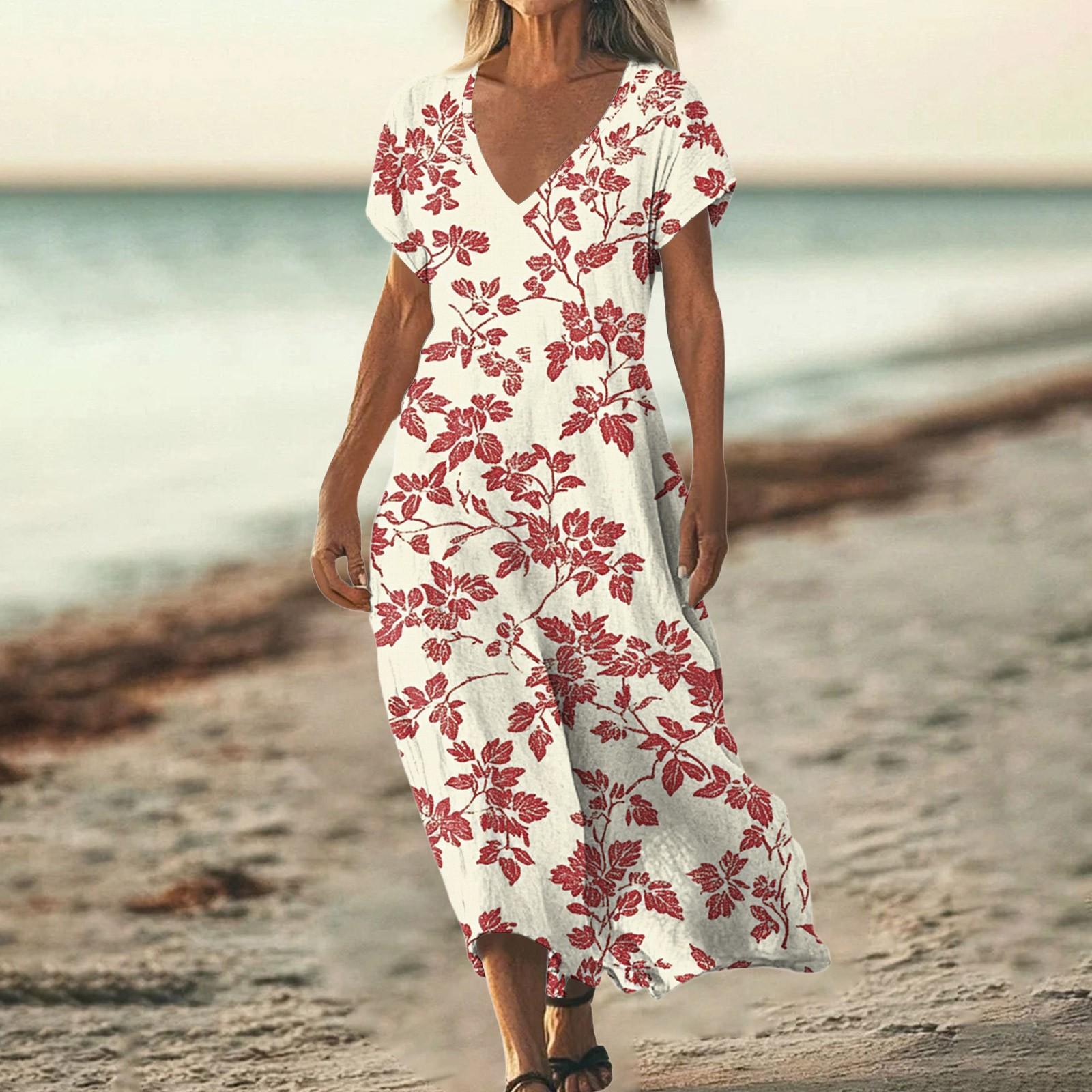 

Модное женское летнее пляжное платье с V-образным вырезом и коротким рукавом с цветочным принтом XL арбуз красный