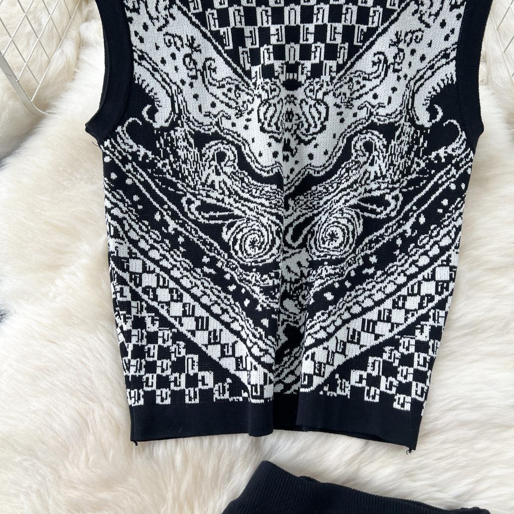 Letní dámský vintage barokní potisk přehlídkový dvoudílný set pletený svetr pulovr tílko topy a bodycon pouzdrová sukně outfity