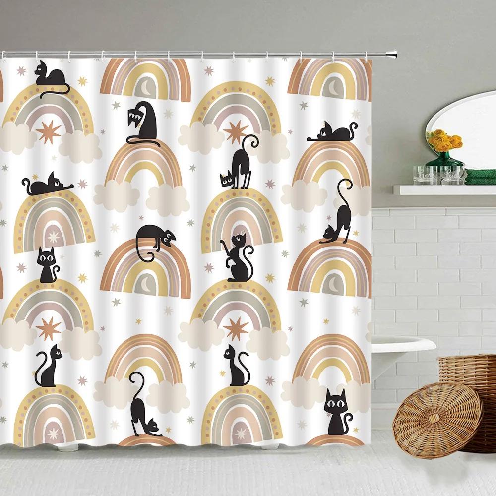 Cartoon Handbemalter Tier Duschvorhang, Katze, Vogel, Kaninchen, Pflanze, Blume, Kinder Badezimmer Dekor mit Haken, Hängender Sichtschutz