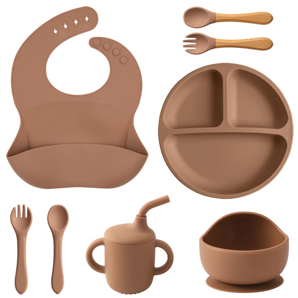 Color Kids 8PCS Silicone Baby Feeding Set With Bowl Suction Plate BPA Free Waterproof Bib Spoon Fork Toddler Training Utensils