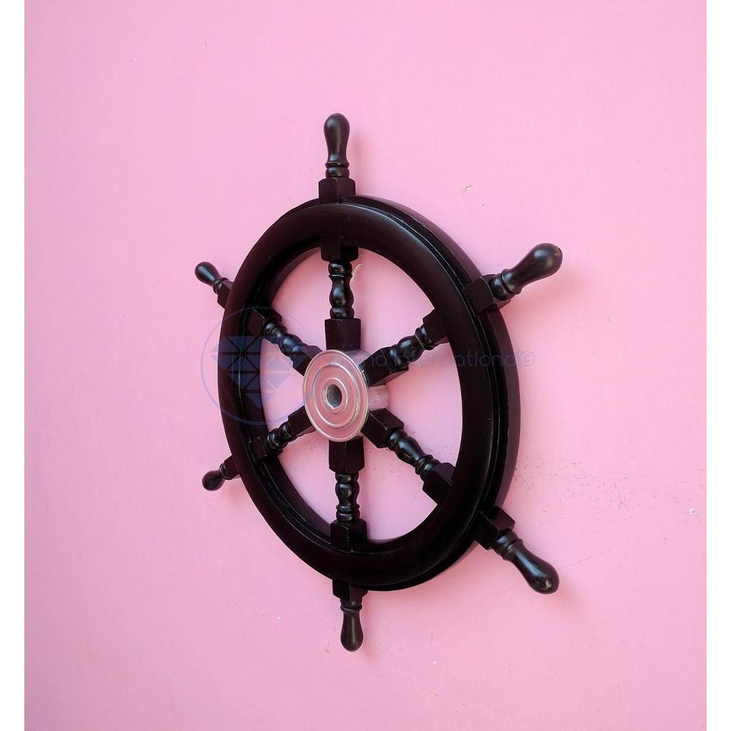 Nautical Handcrafted Wooden Ship Wheel - Home Wall Decor (24 Inches, Black)
