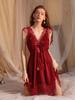 Babydoll Dot Deep Tulle Sexy Popular Atmosphere Texture Cute Soft Back Lace Nightgown Loungewear [Yayamama] V-neck Satin-like (Red - B, M)