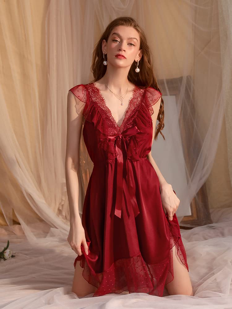 Babydoll Dot Deep Tulle Sexy Popular Atmosphere Texture Cute Soft Back Lace Nightgown Loungewear [Yayamama] V-neck Satin-like (Red - B, M)
