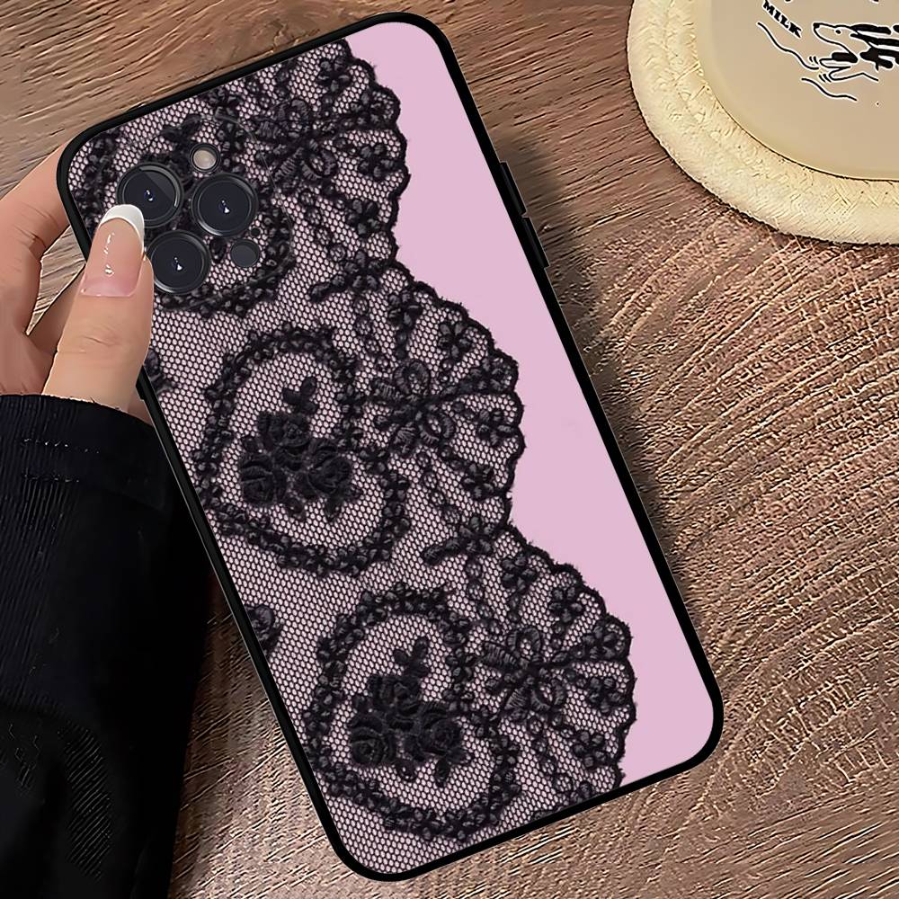 Black Lace Pattern Personalized Mobile Phone Case For IPhone 17 16 15 14 13 12 11 Pro Max Plus Mini Soft Black Cover