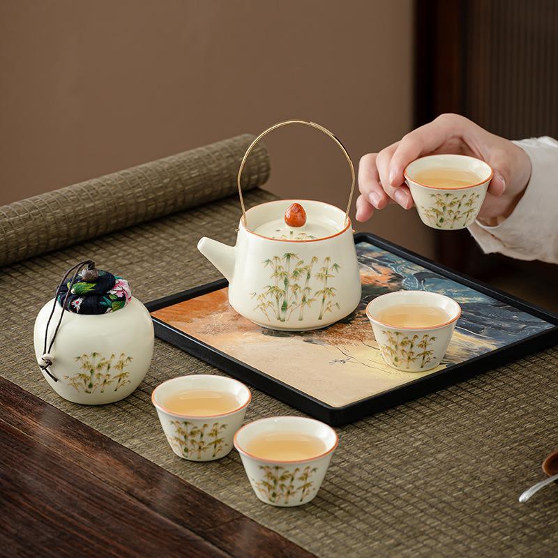 Jinsi Bamboo Ru Kiln Camping Kung Fu Tea Set Small Set Storage Bag Anti-scalding Ceramic Teacup Portable Tea Set