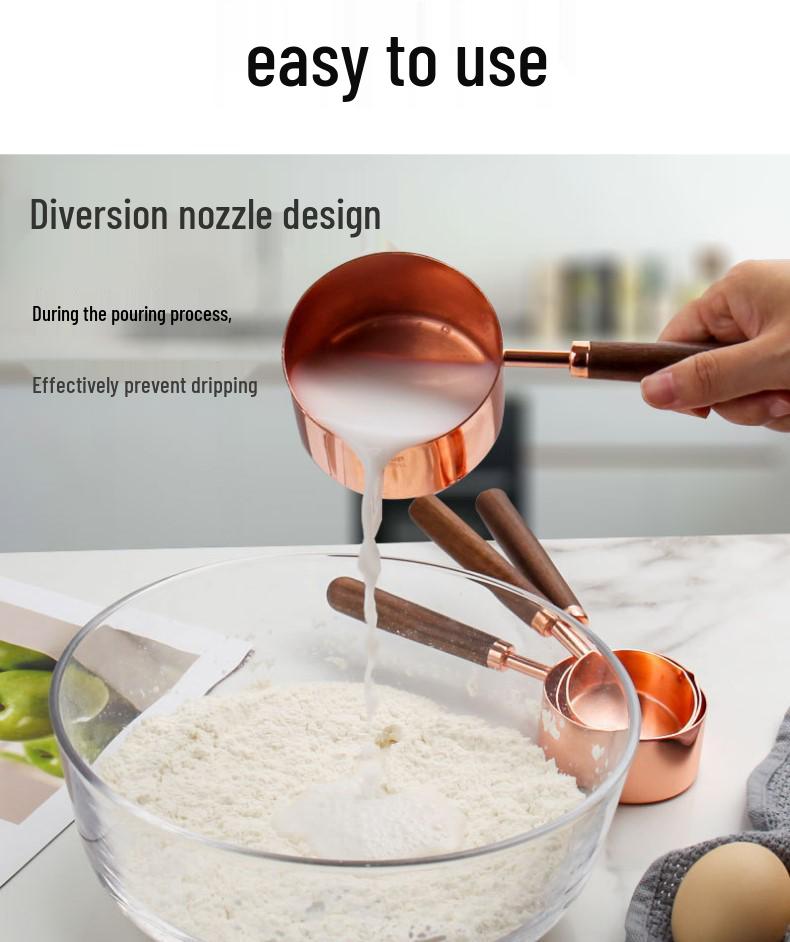 Gold-Plated Stainless Steel Measuring Cups & Spoons with Solid Wood Handles and Scale Markings for Baking.