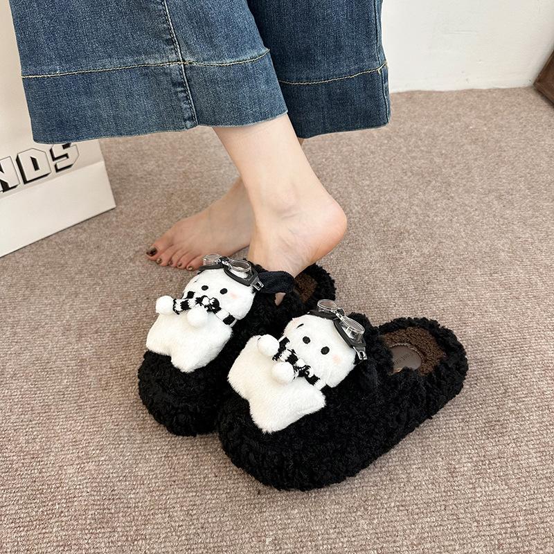 Cute cartoon glasses dog hair slippers women's 2025 autumn and winter new thick-bottomed versatile non-slip one-word cotton slippers