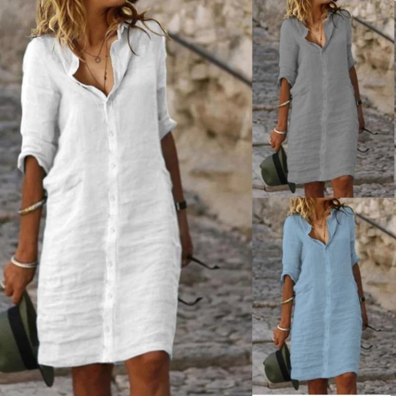 New loose lapel button medium sleeve solid color cotton and linen shirt dress