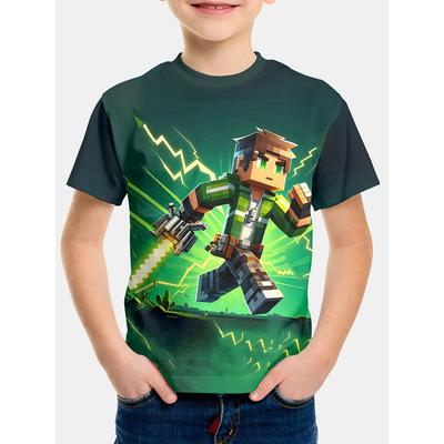 Jungen 3D-Druck Kreatives T-Shirt mit Pixel-Krieger-Muster, Kinder Sommer Freizeitkleidung, Bequemes Kinder Oberteil